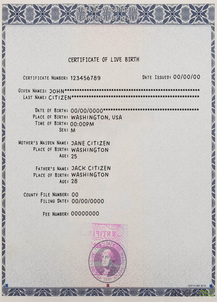 Certificat de naissance vivante de Washington